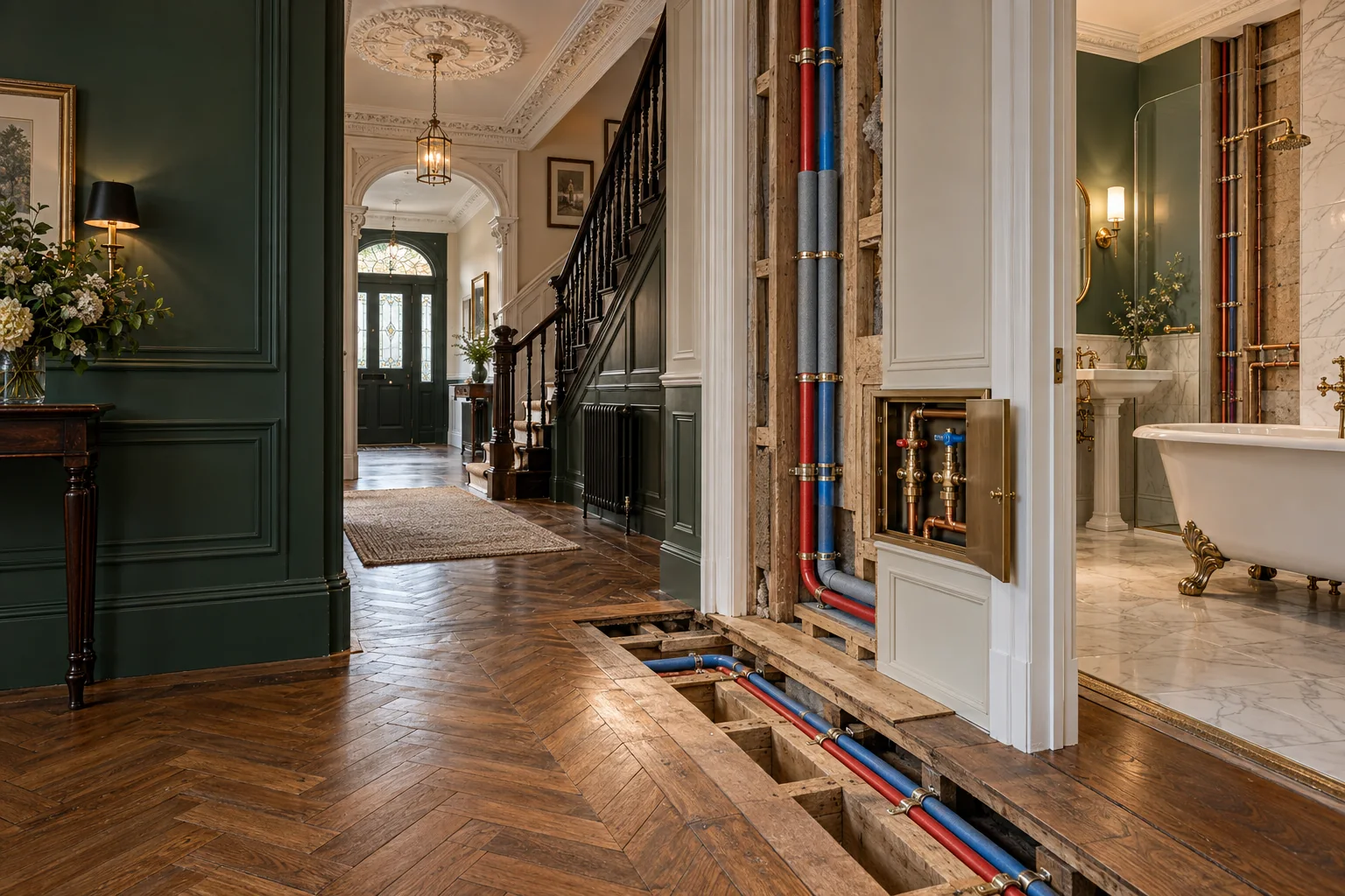 Period Hampstead interior with carefully planned concealed plumbing routes that protect original features.