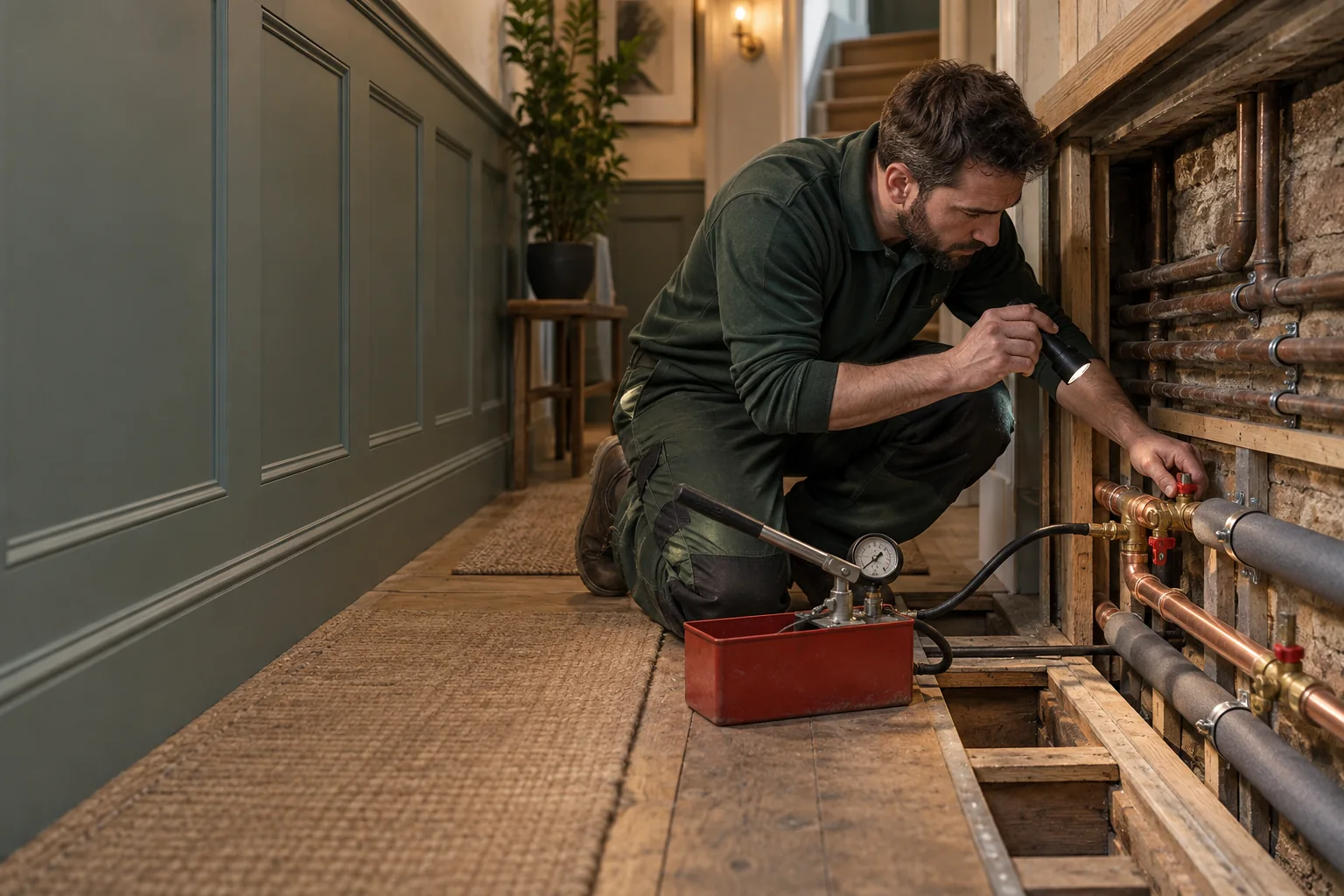 Male plumber assessing retained and replacement pipework during a Hampstead NW3 refurbishment.