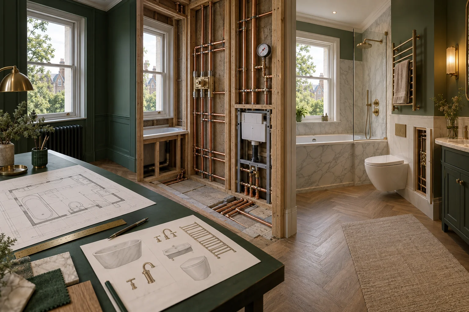 Hampstead plumbing project illustrated from survey and first fix through to the finished bathroom and handover.