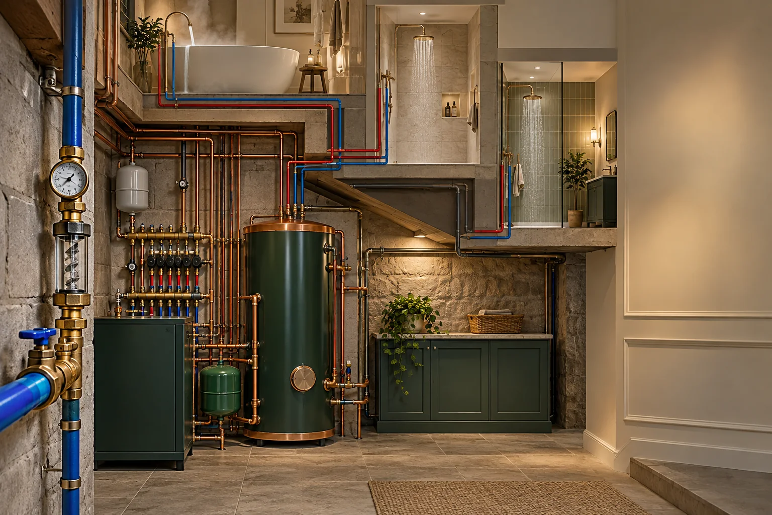 Hampstead home plumbing illustration showing incoming water, pressure, flow and hot-water distribution.