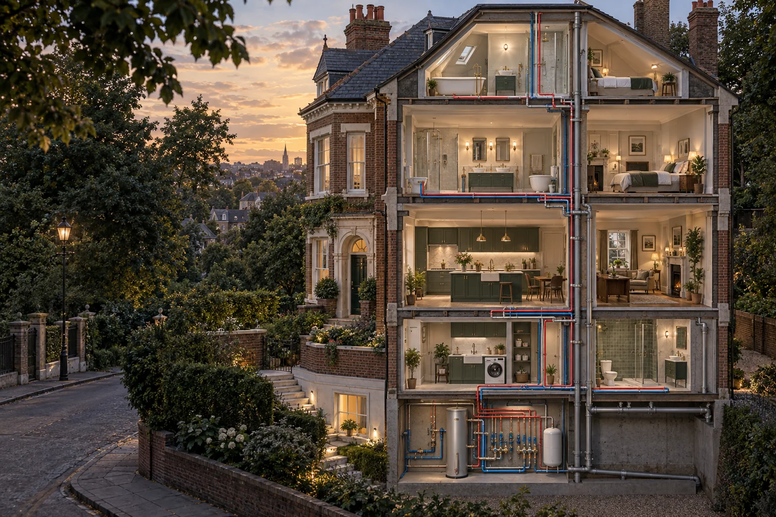 Architectural cutaway illustrating a whole-home plumbing system in a Hampstead NW3 period property.