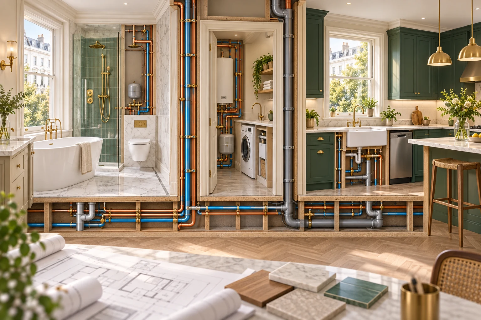 Illustrated bathroom, kitchen and utility plumbing coordination for a Kensington refurbishment.
