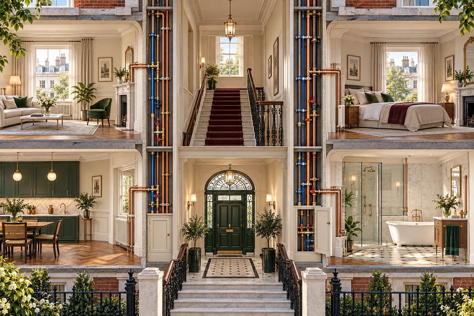 Kensington mansion block cutaway showing shared plumbing risers and apartment service connections.
