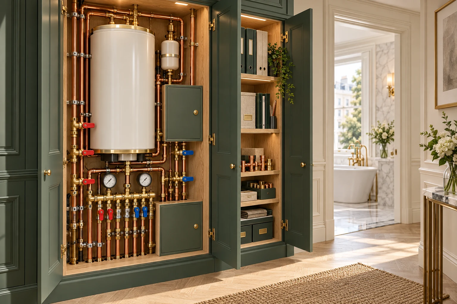 Bespoke Kensington service cupboard with hot-water cylinder, manifold and accessible isolation valves.