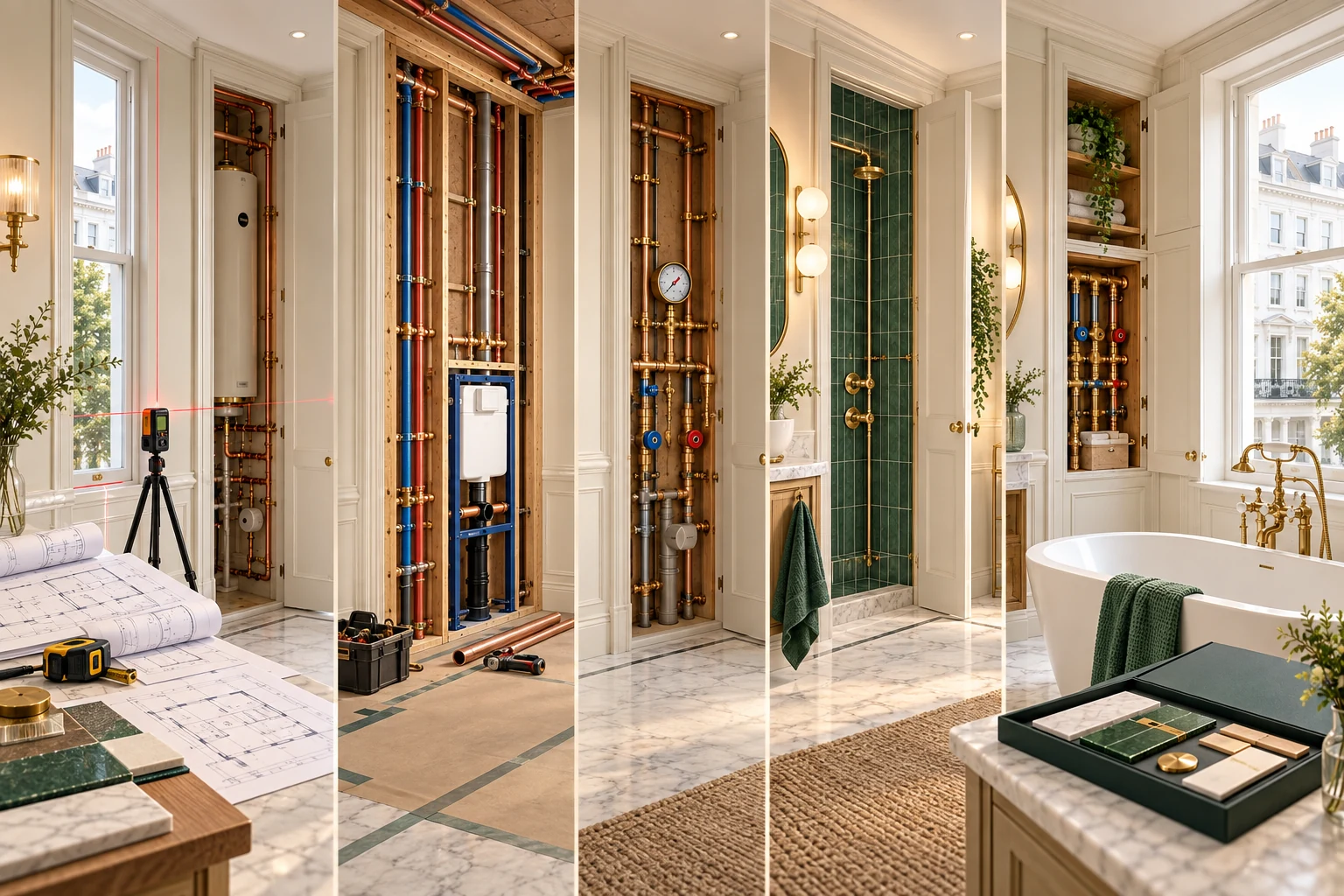 Five-stage illustrated journey from plumbing survey and first fix to finished Kensington bathroom handover.