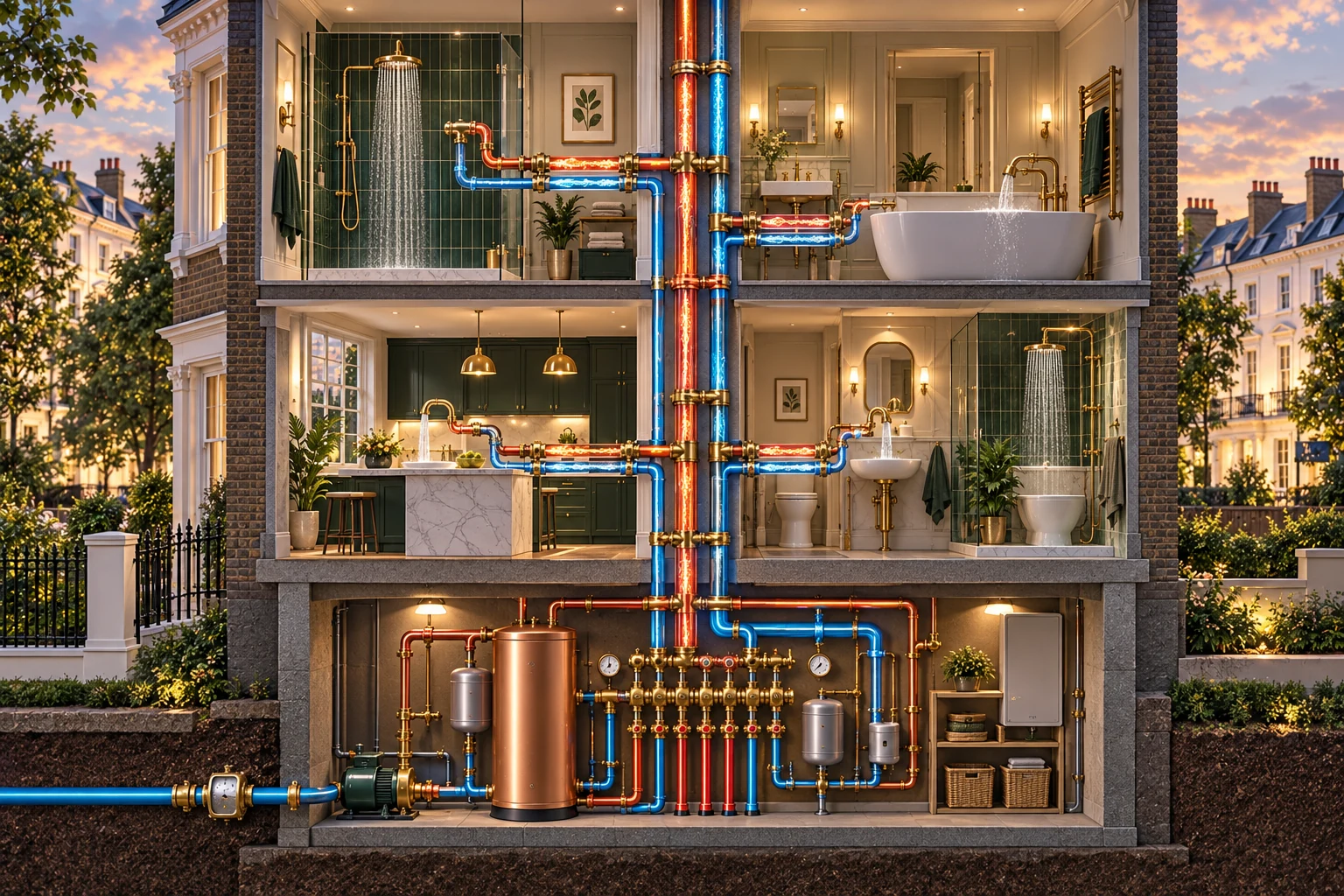 Kensington townhouse cutaway illustrating simultaneous water demand from showers, bath and kitchen outlets.