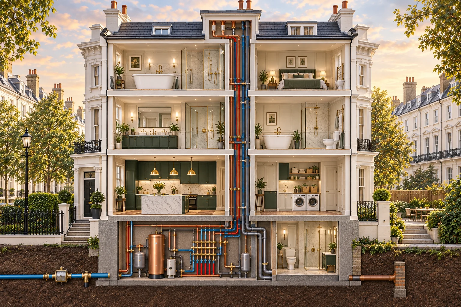 Architectural cutaway of a Kensington W8 townhouse showing whole-home hot and cold water distribution.