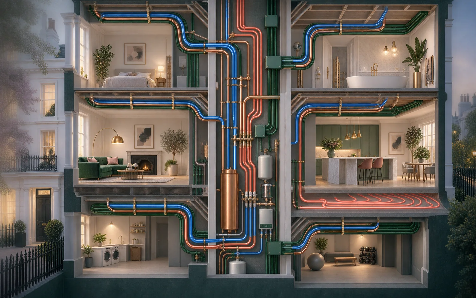 Colour building cutaway illustrating separate but coordinated plumbing, heating and electrical service routes.