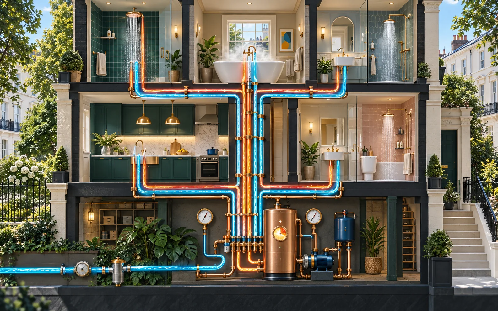 Colour cutaway illustrating balanced hot and cold-water delivery to several outlets in a Notting Hill home.