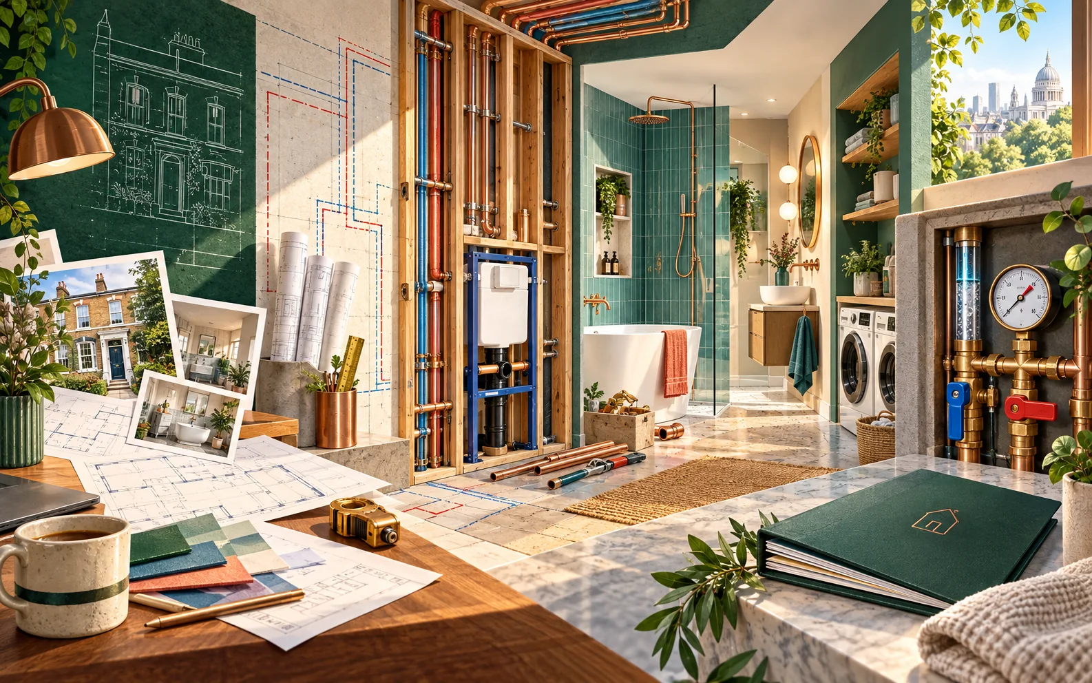 Colour editorial illustration showing a plumbing project progressing from drawings through first fix to completed testing and handover.