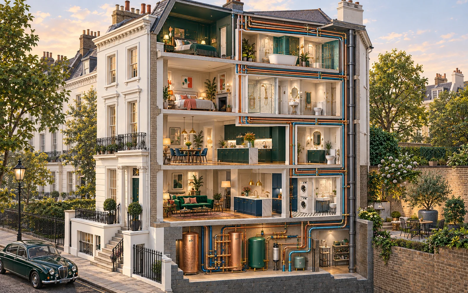 Colour architectural cutaway illustrating whole-home water distribution through a multi-storey Notting Hill townhouse.