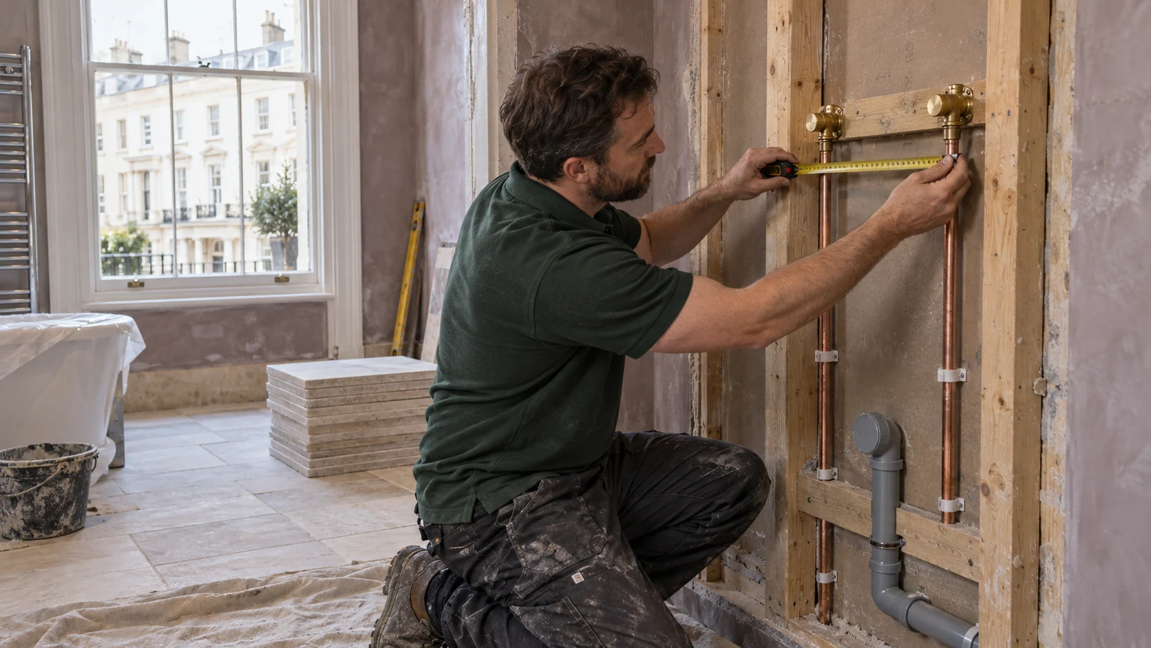 Plumber measuring the spacing of capped bathroom water connections before wall finishes.