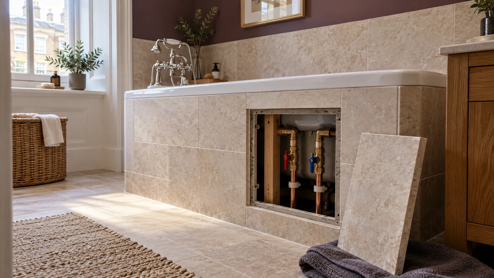 Removable tiled bath panel revealing accessible hot and cold isolation valves.