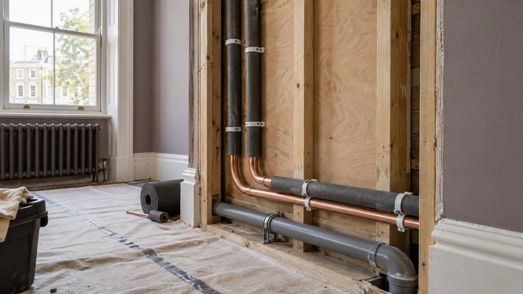 Clipped copper water pipes with insulation and a separate waste pipe in an open wall service zone.