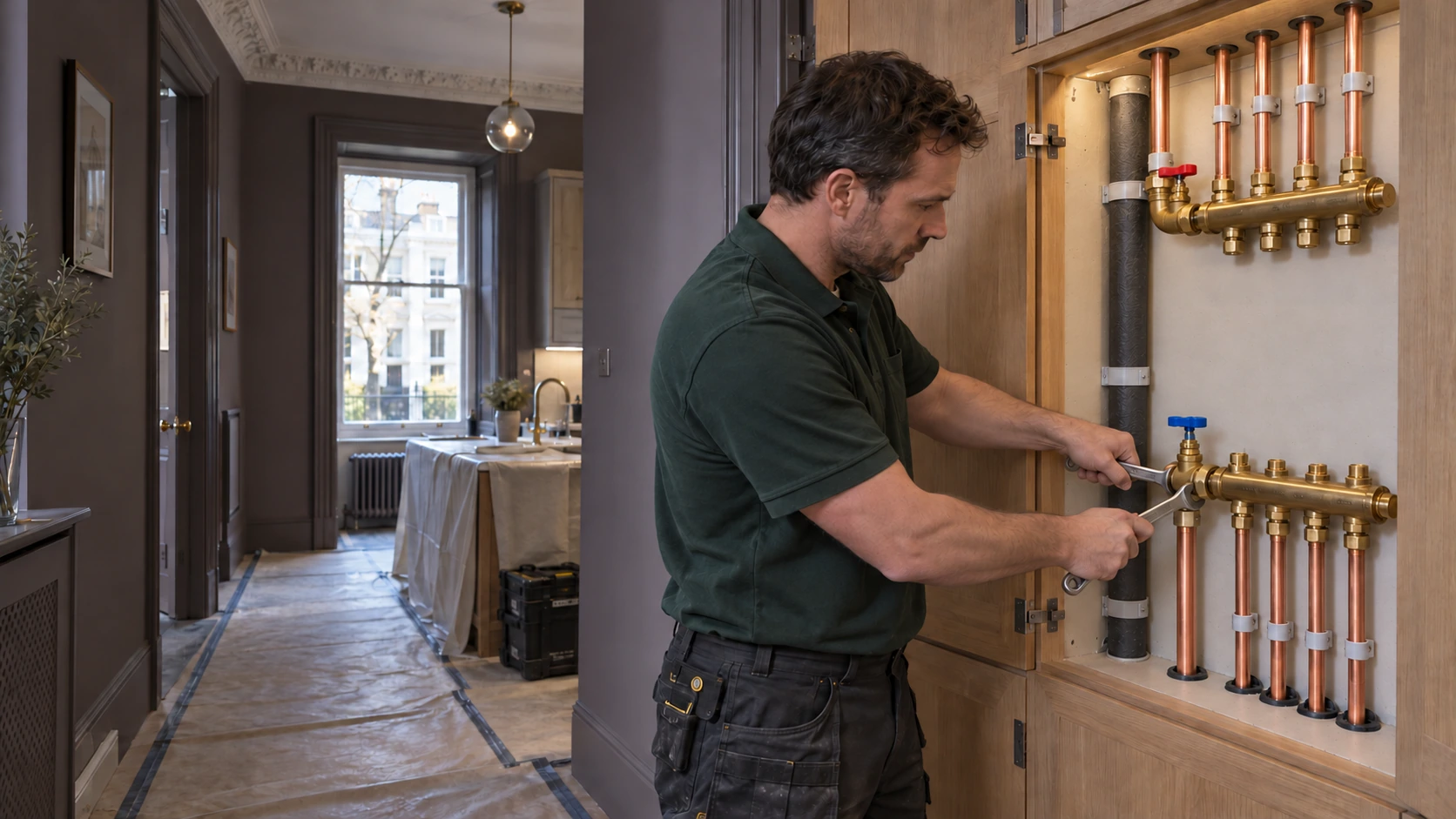 Plumber tightening a connection on separate hot and cold water distribution manifolds in an apartment service cupboard.
