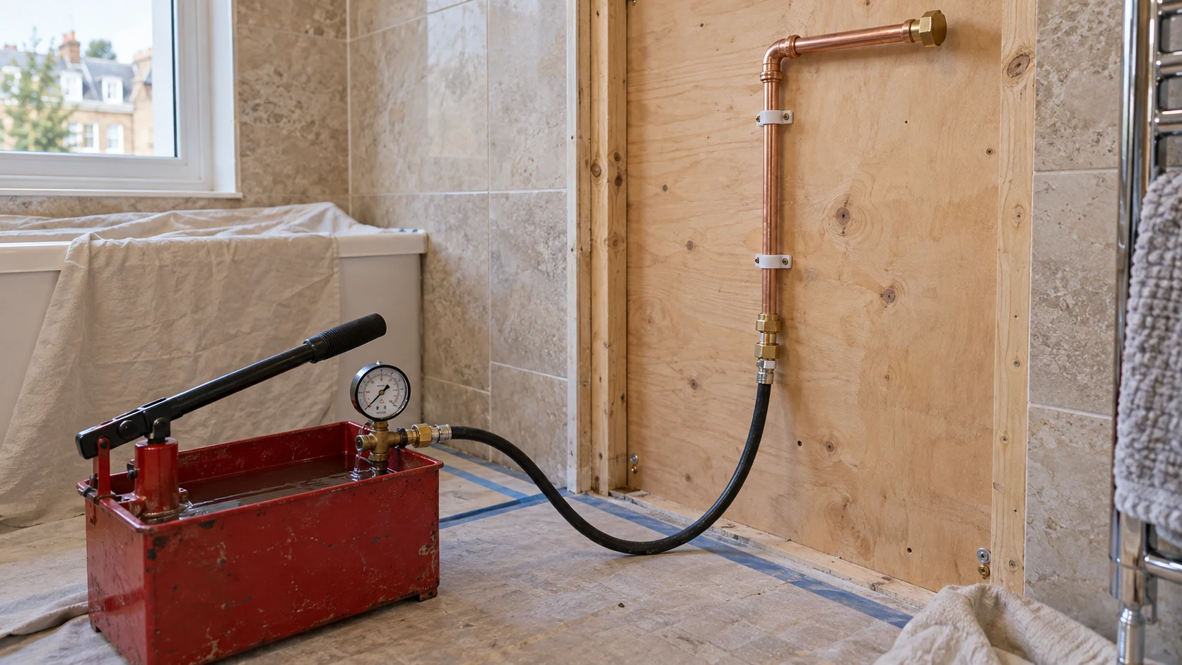 Manual hydrostatic test pump connected by a hose to a capped copper pipe section.