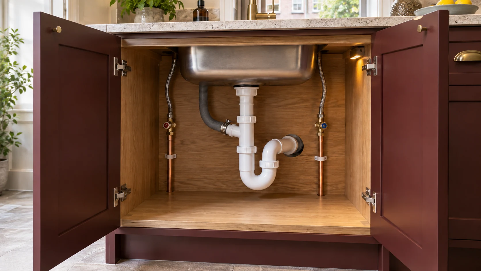 Accessible hot and cold isolation valves and a sink waste trap inside an oak kitchen cabinet.