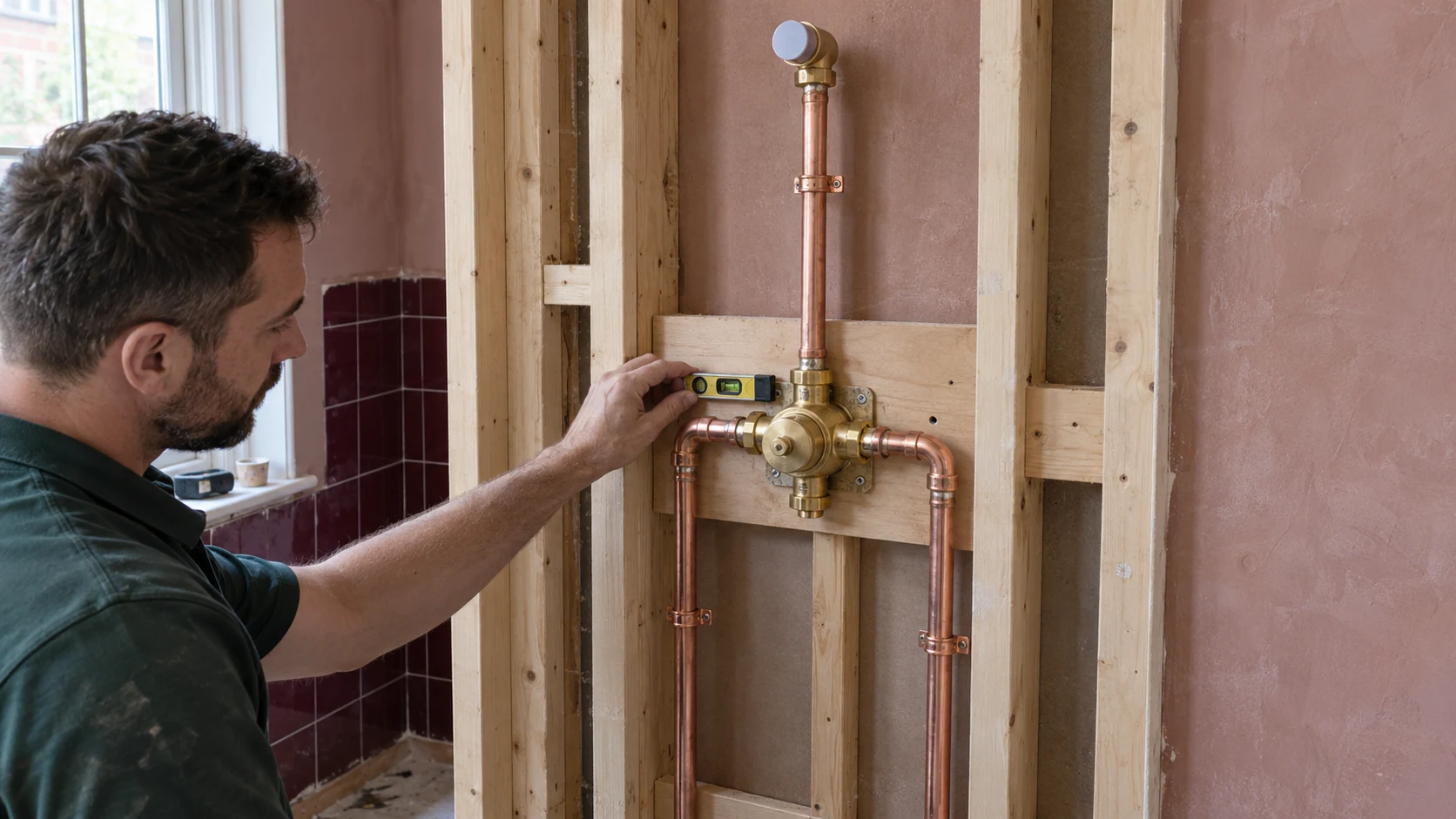 Plumber checking a concealed shower valve and copper pipework before the bathroom wall is closed.