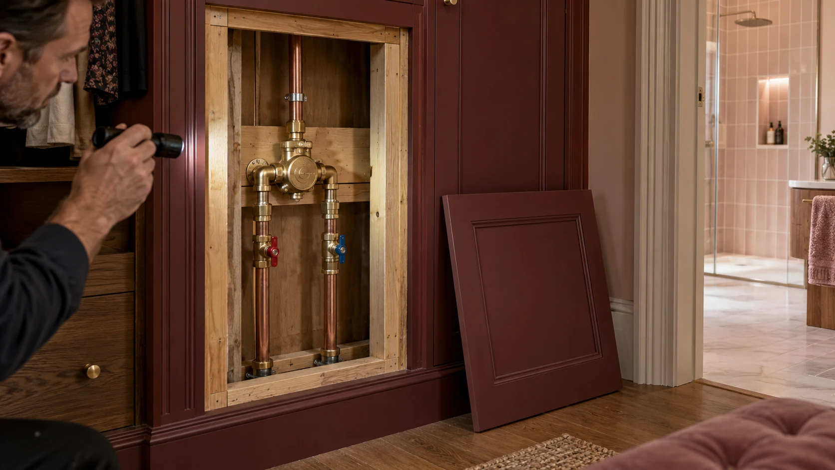 Removable cupboard panel providing service access to shower pipework beside a finished bathroom.