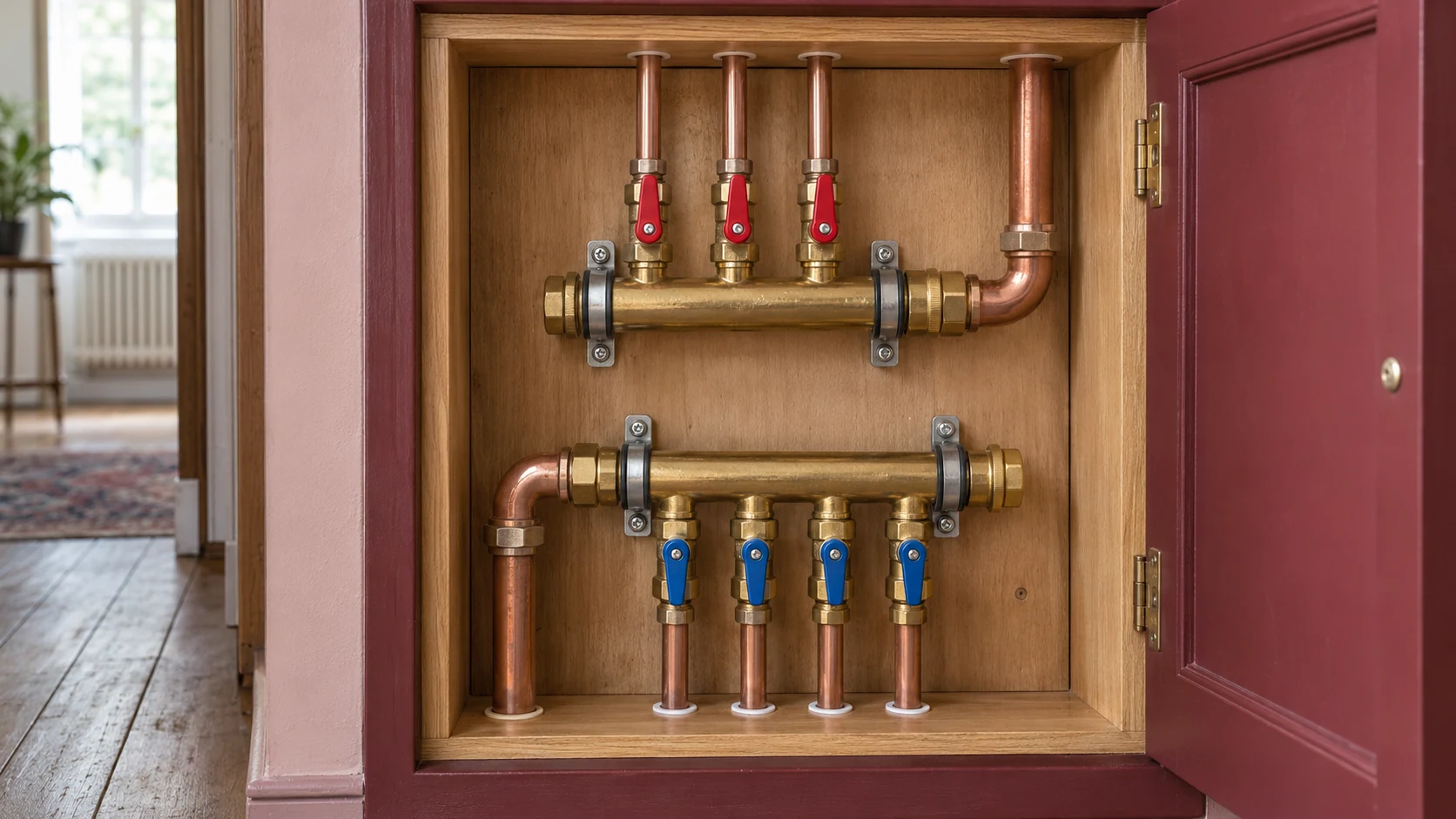 Accessible hot and cold water distribution manifolds with red and blue isolation valves.