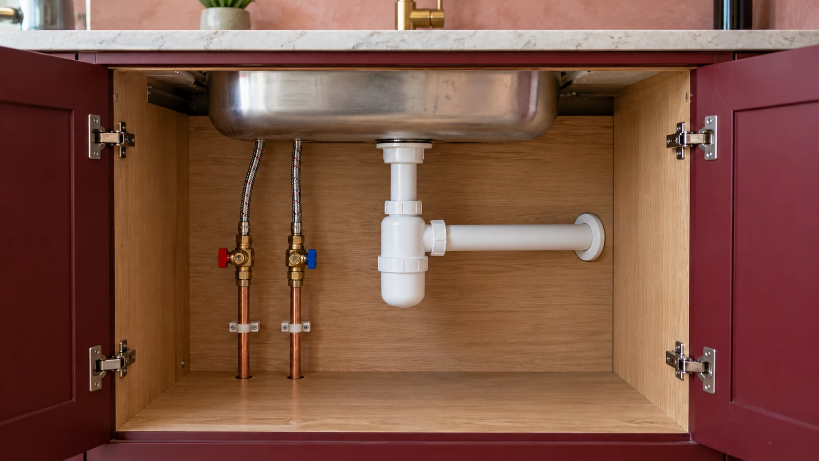 Sink trap and accessible hot and cold isolation valves inside an open burgundy kitchen cabinet.