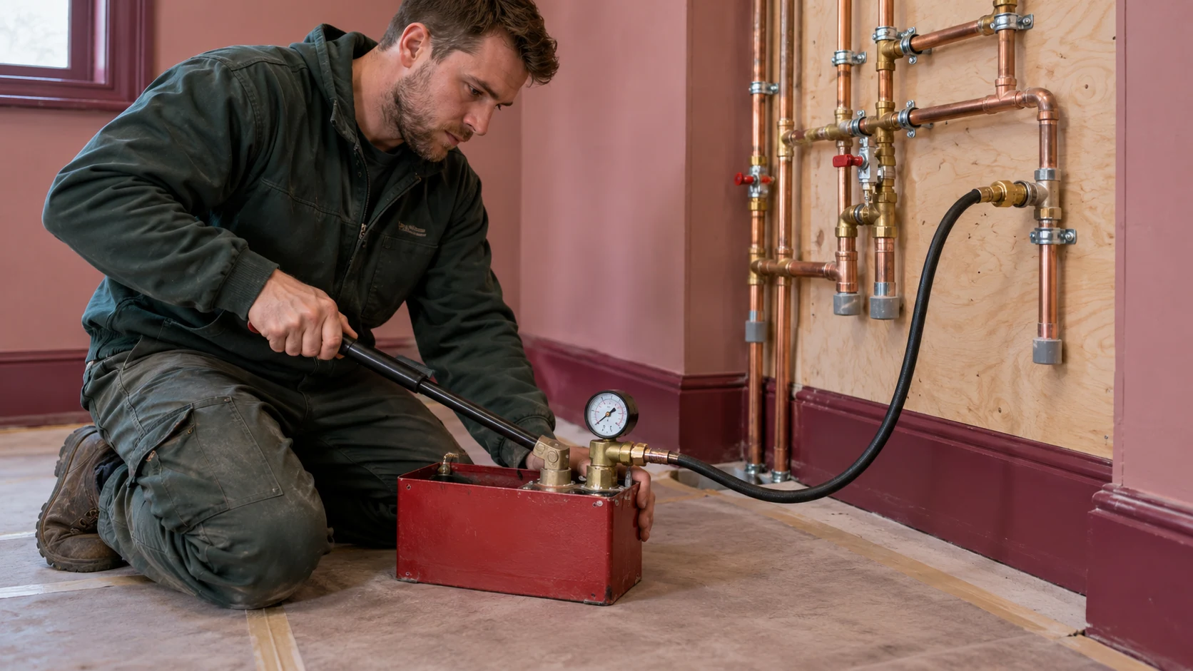 Plumber testing copper pipework with a manual hydraulic pressure-test pump.