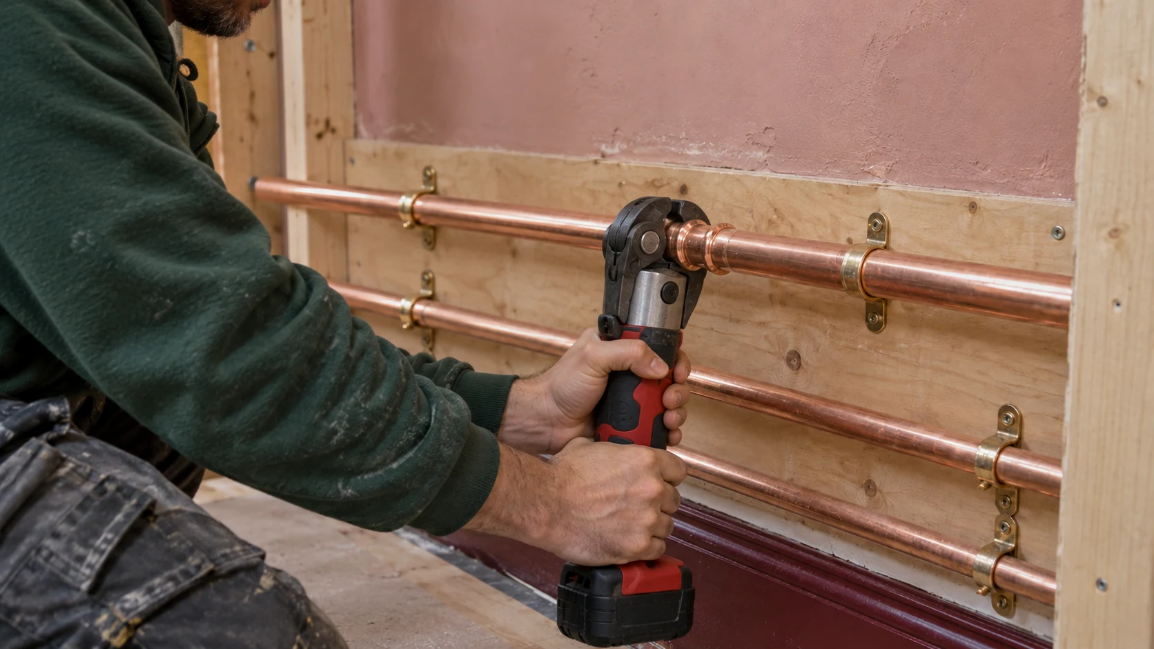 Plumber using a press tool on a coupling in a copper pipe installation.