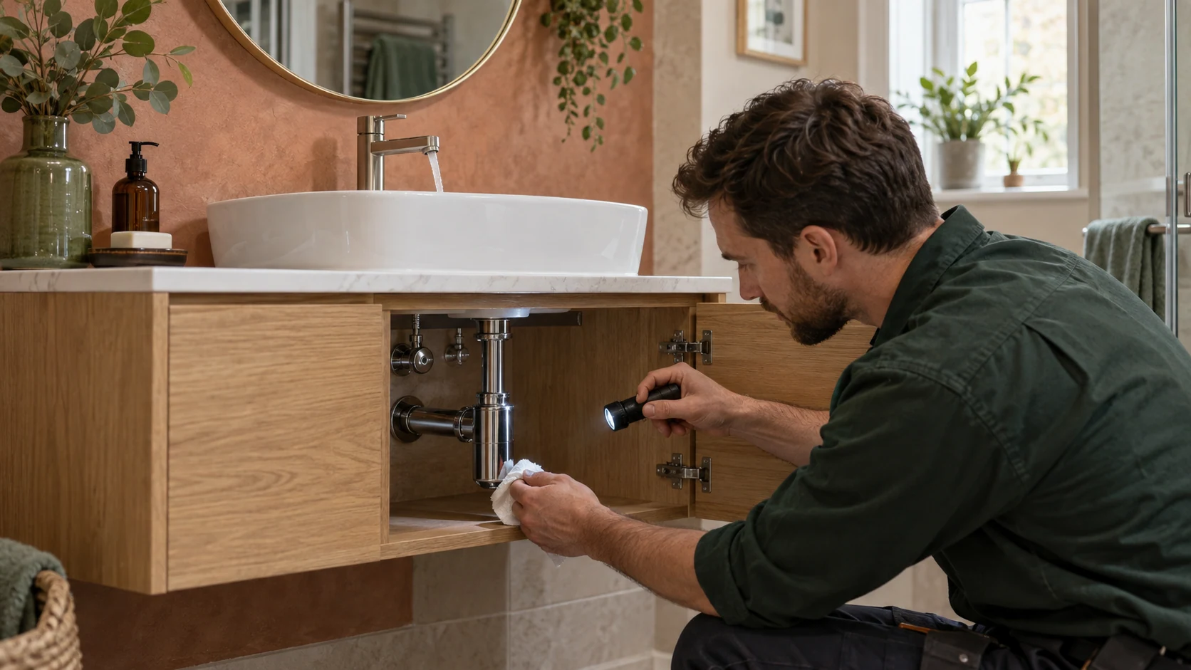 Plumber checking a basin bottle-trap connection with a tissue and inspection torch.