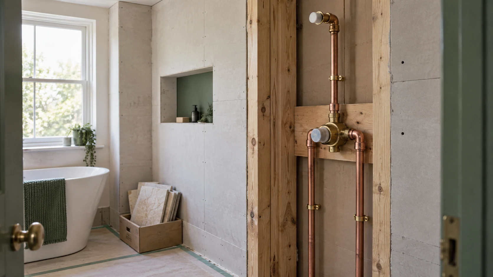Concealed shower mixer with separate copper hot and cold supplies and a capped outlet before wall boarding.