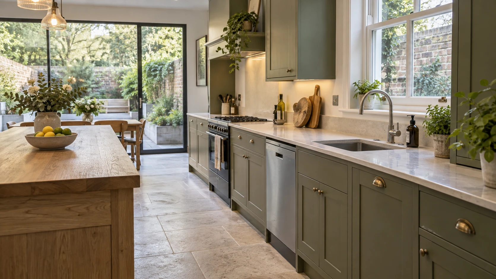 Kitchen extension with a sink, mixer tap and dishwasher arranged along the cabinet run.