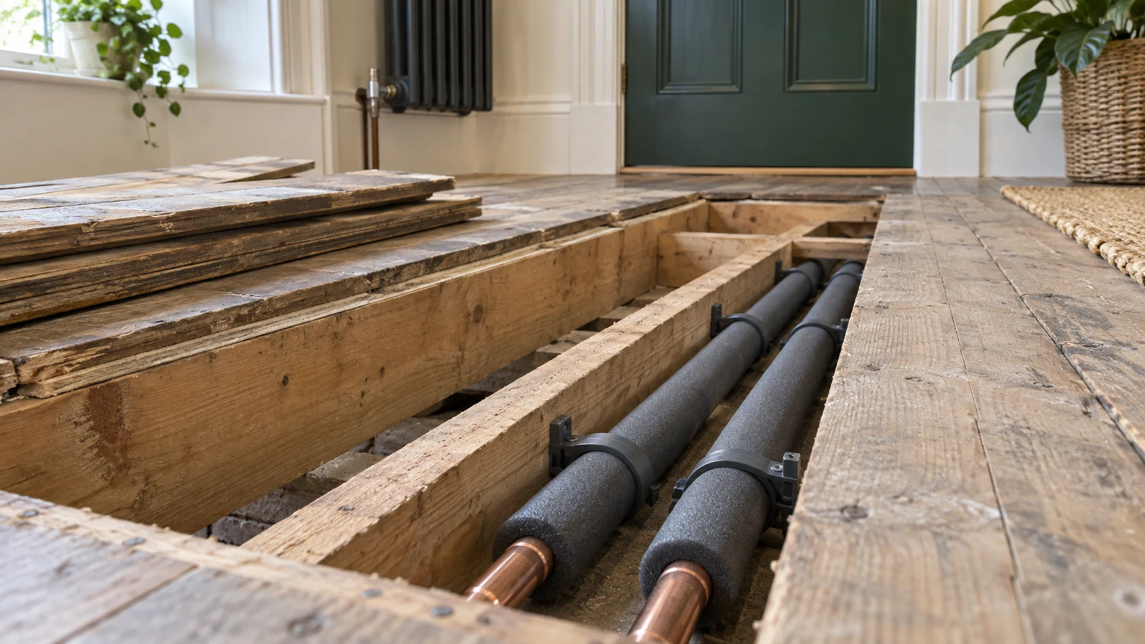 Two separately insulated copper pipes running along an exposed timber floor-joist bay.