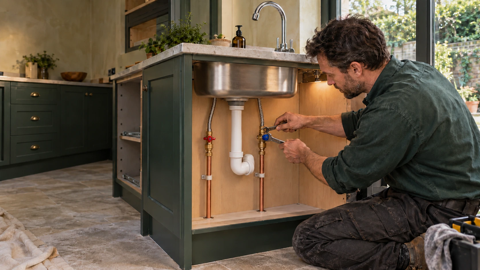 Plumber working on copper water connections beneath a kitchen sink, with separate hot and cold isolation valves and a white waste trap.