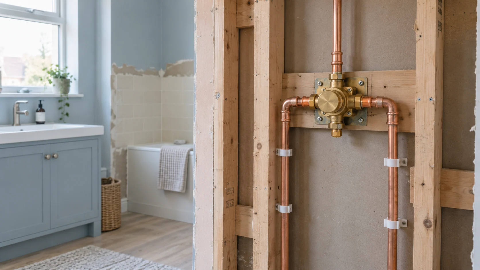Copper press-fit pipework and a concealed shower valve in an open bathroom wall