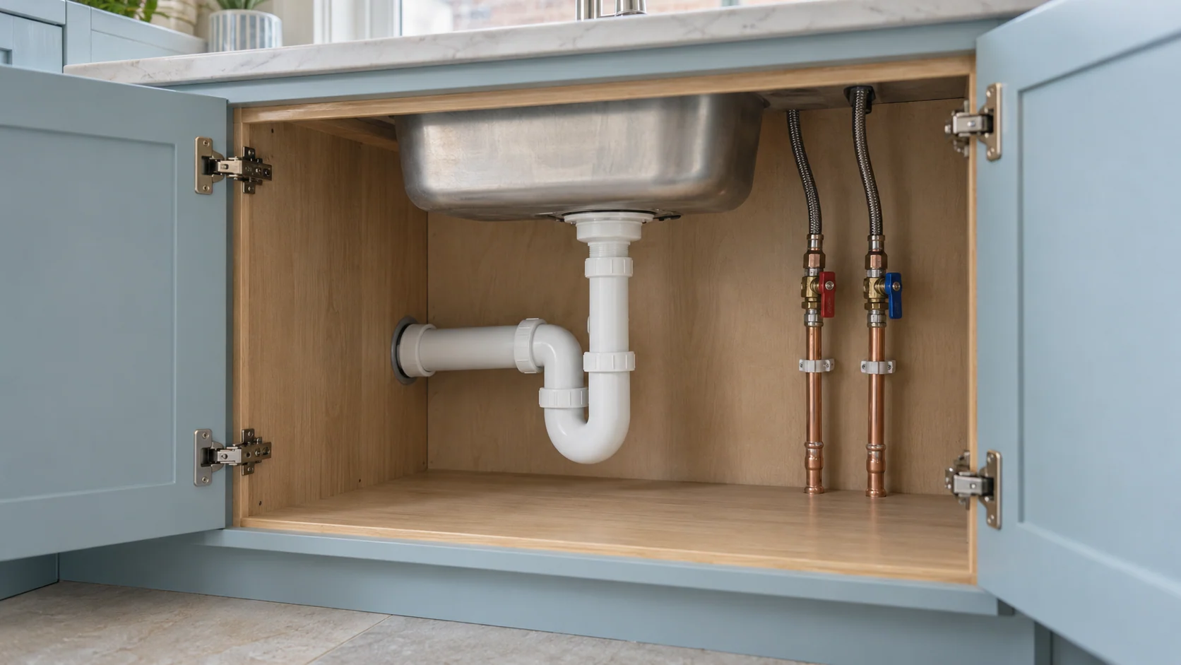 Accessible copper water supplies, isolation valves and sink waste inside a pale-blue kitchen cabinet