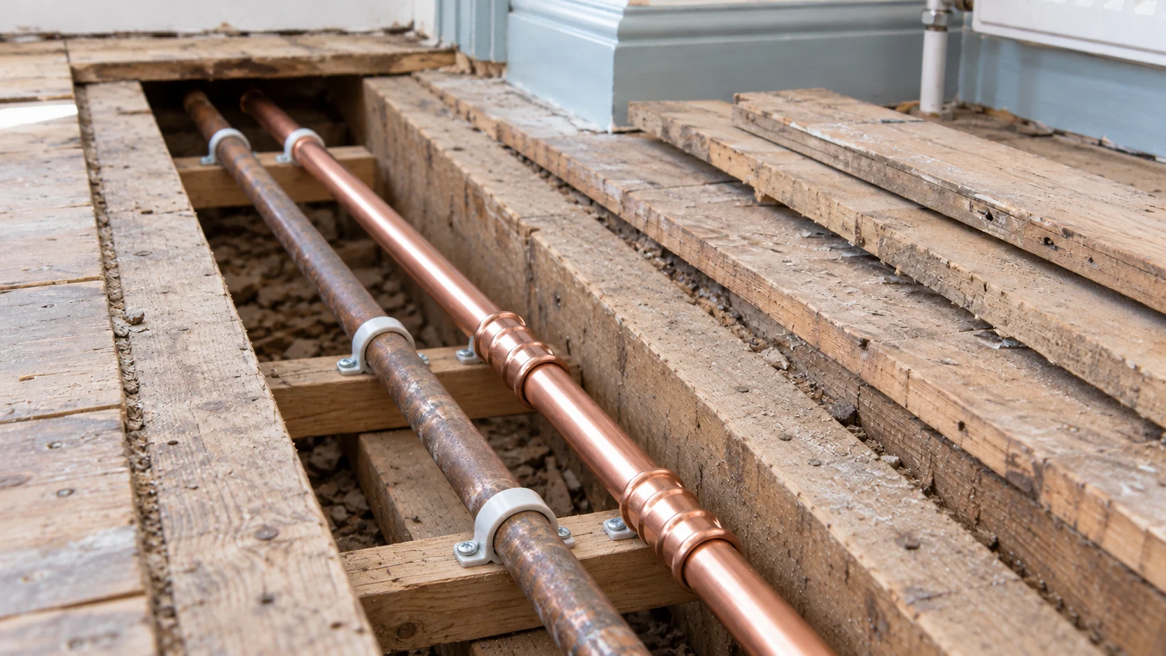 New press-fit copper pipework beside retained copper pipe beneath lifted floorboards