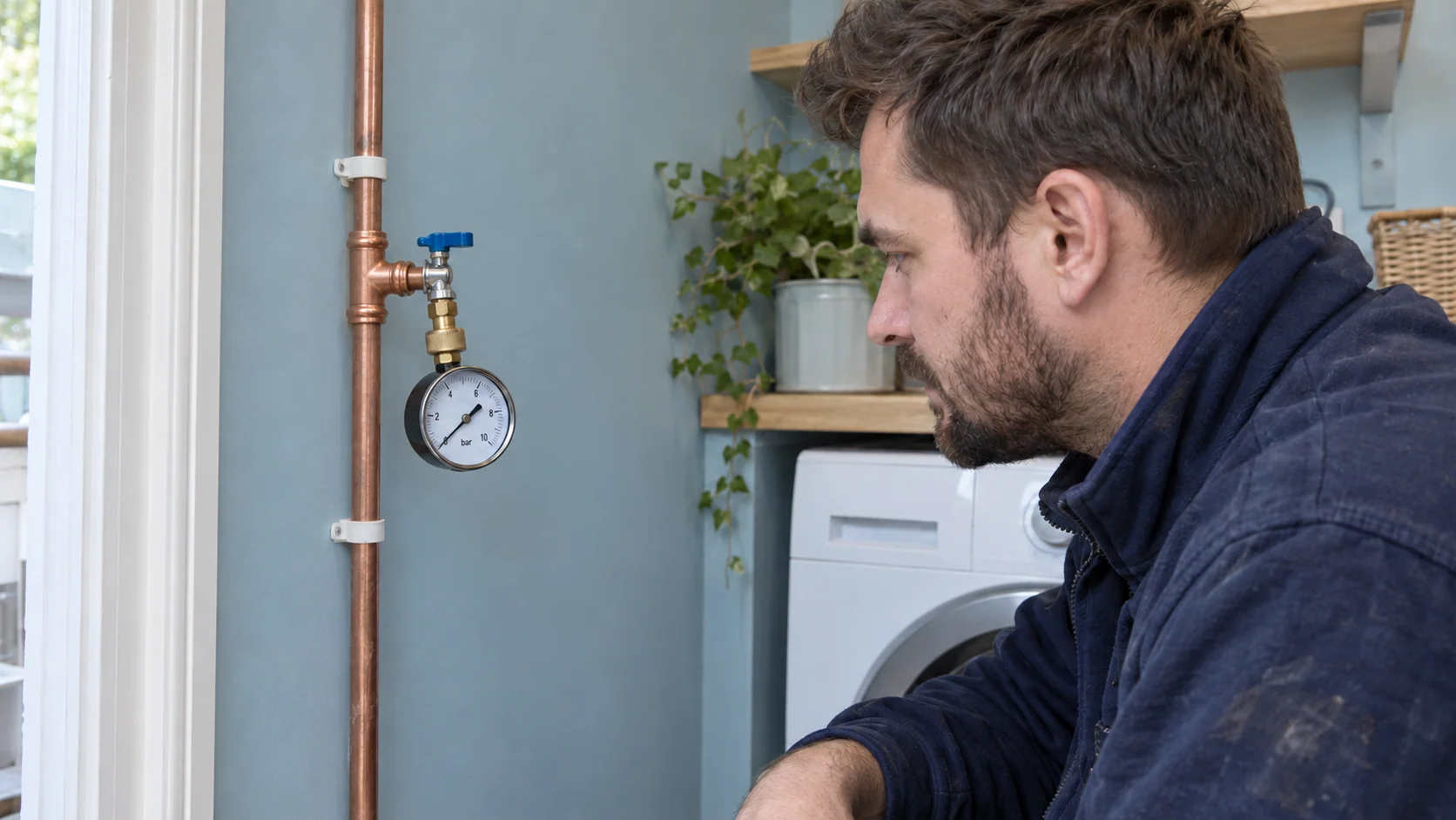 Plumber reading a pressure gauge connected to a copper water supply in a pastel-blue utility room