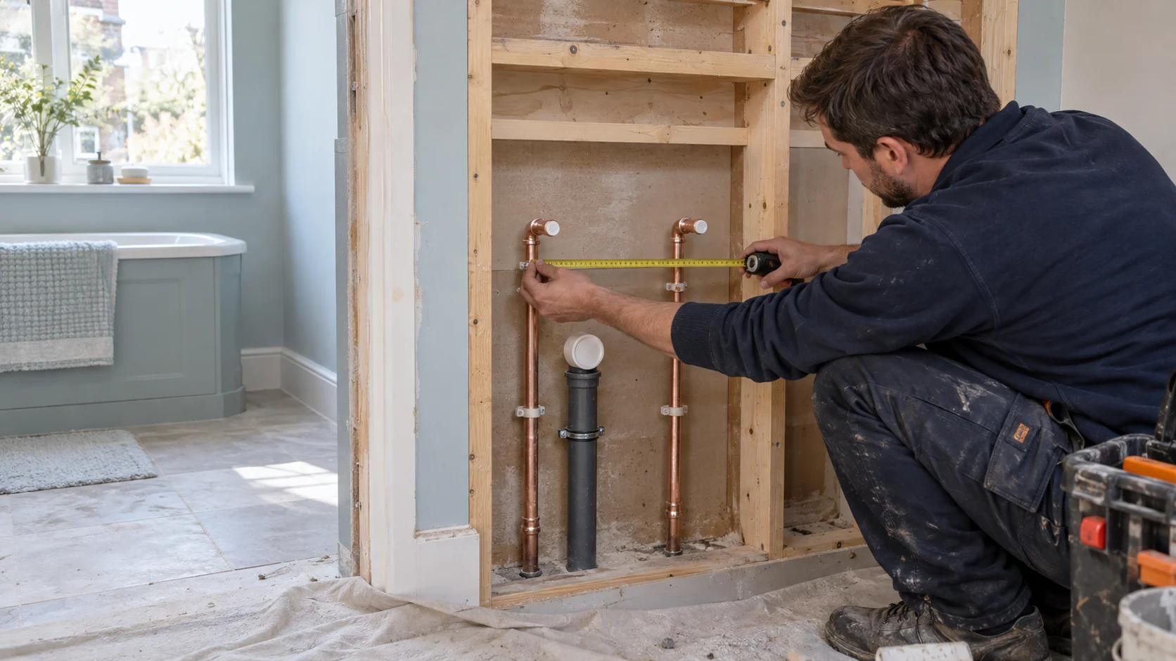 Plumber measuring the spacing of capped water connections before a service wall is closed