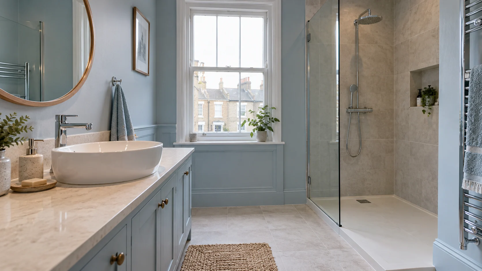 Finished pastel-blue bathroom with a basin, chrome mixer tap and glazed shower enclosure