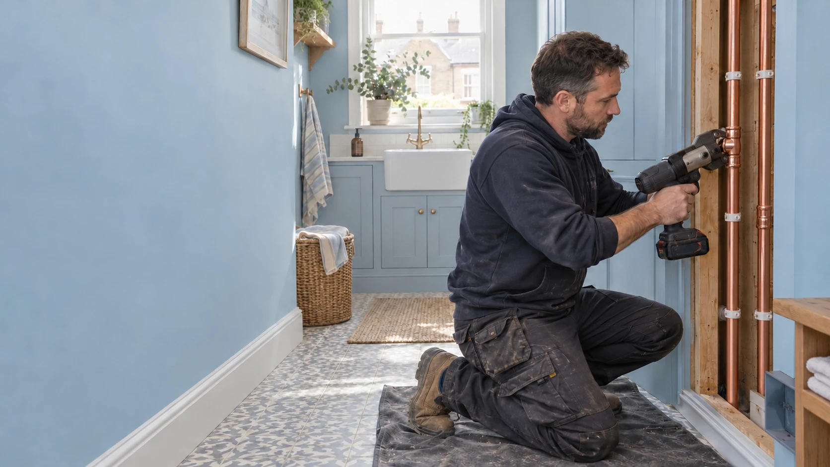 Plumber using a cordless press tool on copper pipework in a pastel-blue utility room