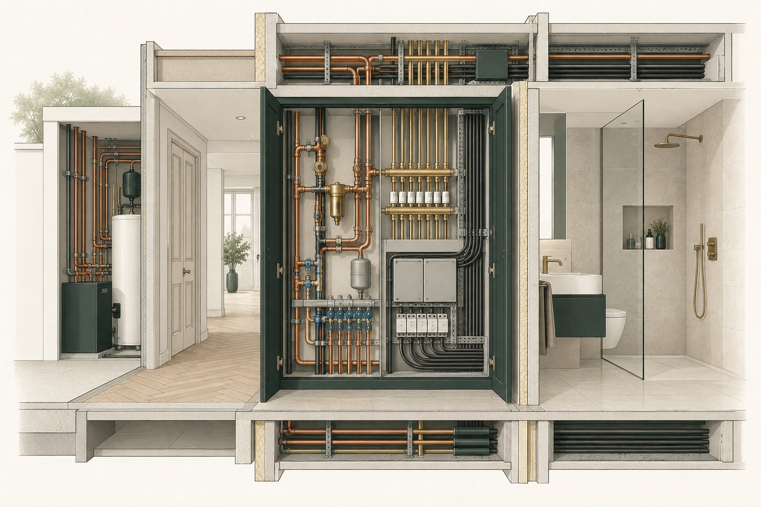 Coordinated plumbing, heating and electrical systems arranged within a residential service zone