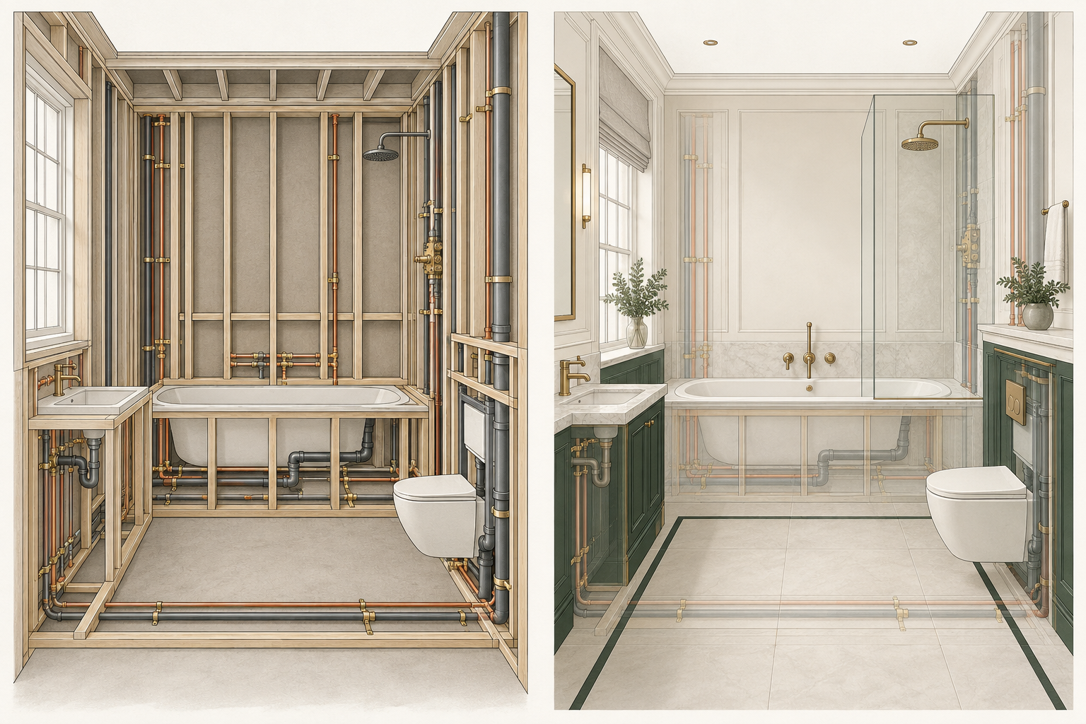 The same bathroom shown during first-fix plumbing and after second-fix completion