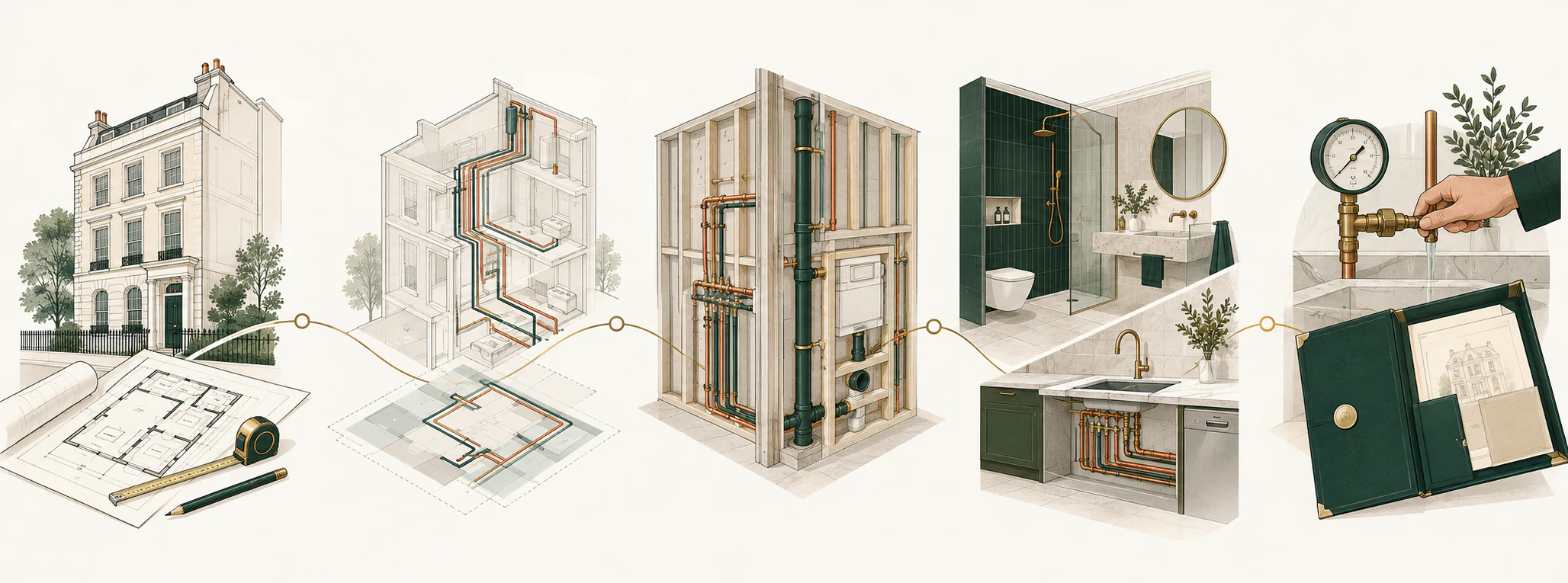 Five-stage plumbing project journey from drawings and coordination to installation, testing and handover