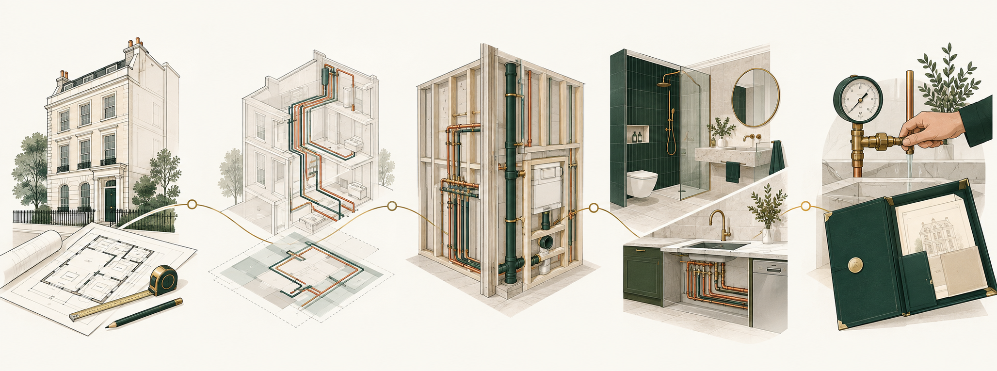 Five-stage plumbing project journey from drawings and coordination to installation, testing and handover