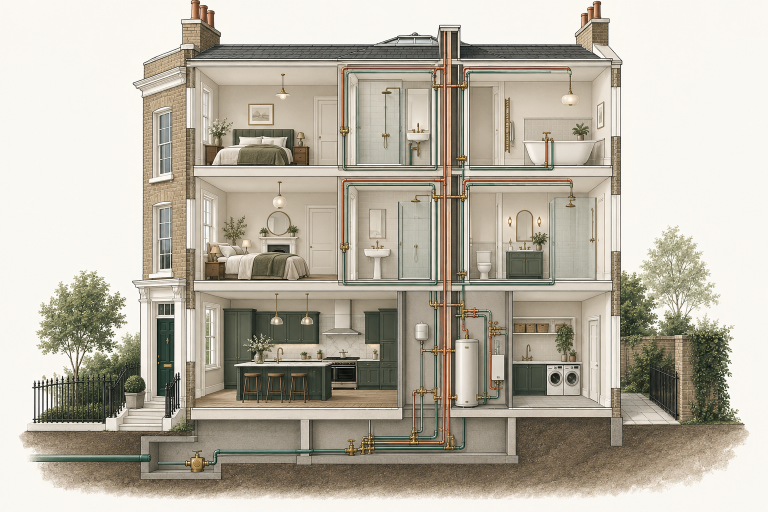 Architectural cutaway showing whole-home hot and cold-water distribution across a London townhouse