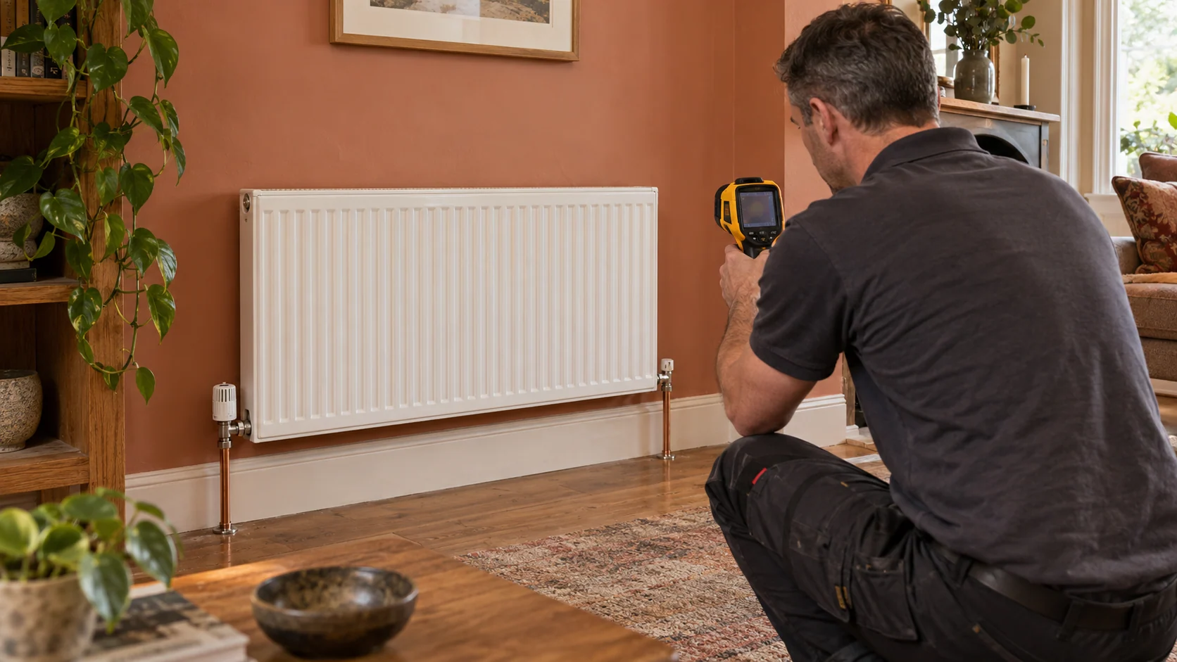 Heating engineer checking a panel radiator with a handheld thermal camera.