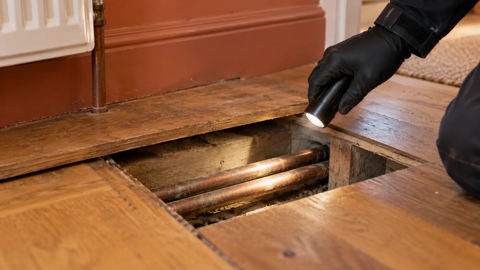 Inspection of existing copper heating pipes beneath a lifted floorboard.