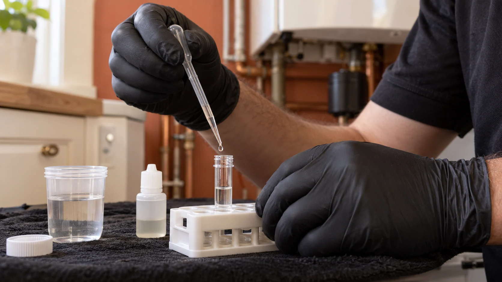 Technician preparing a heating-water sample in a clear test vial on a protected work surface.