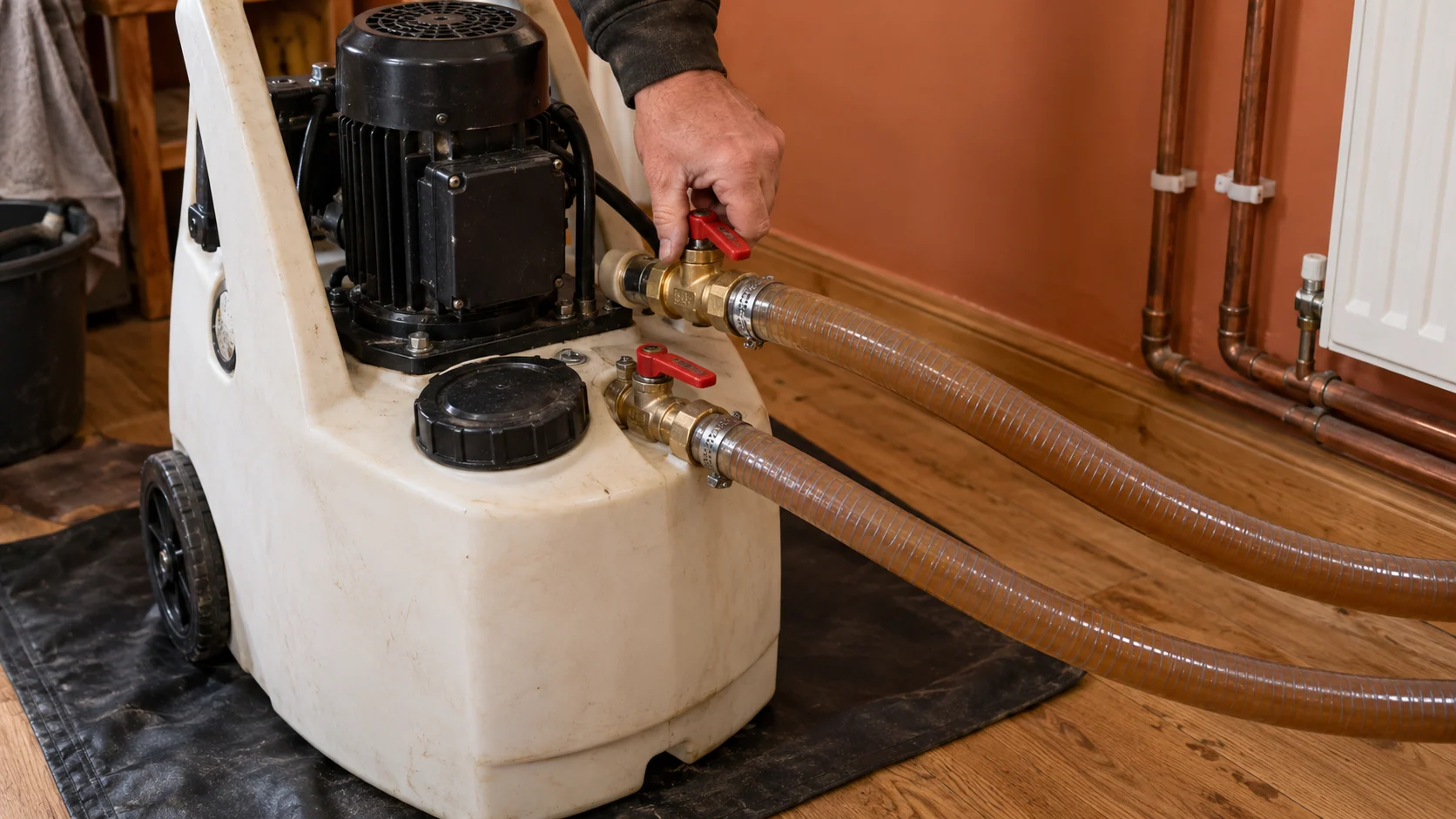 Close view of powerflushing equipment and translucent hoses containing discoloured heating water.