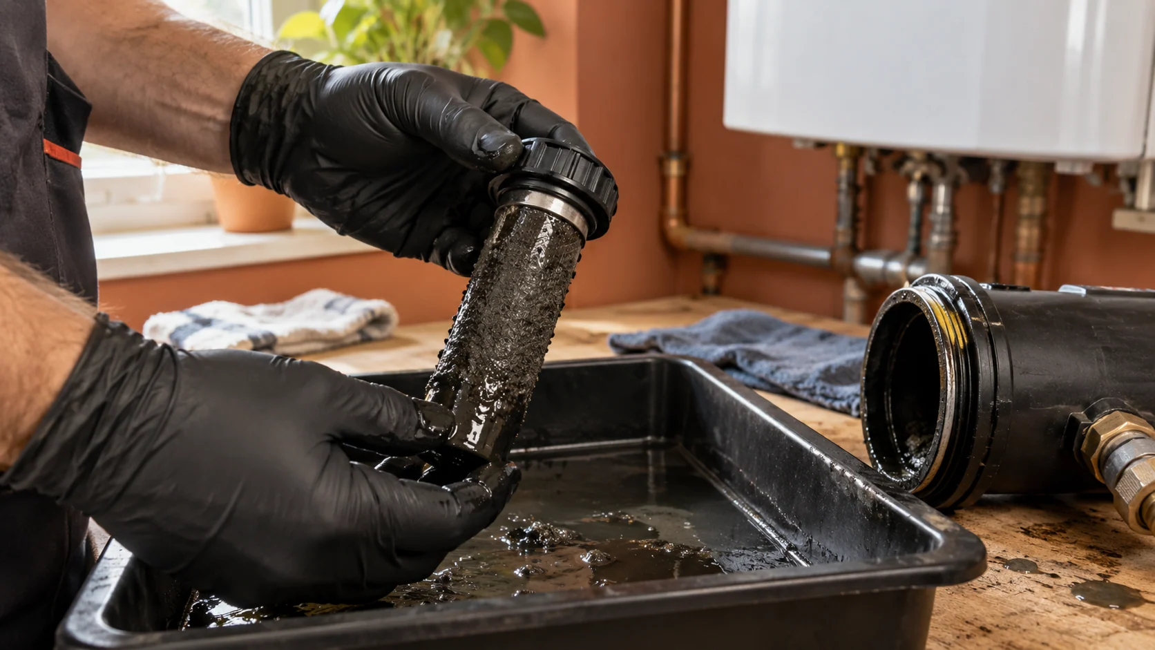 Gloved hands holding a magnetic filter sleeve with dark heating-system deposits above a collection tray.
