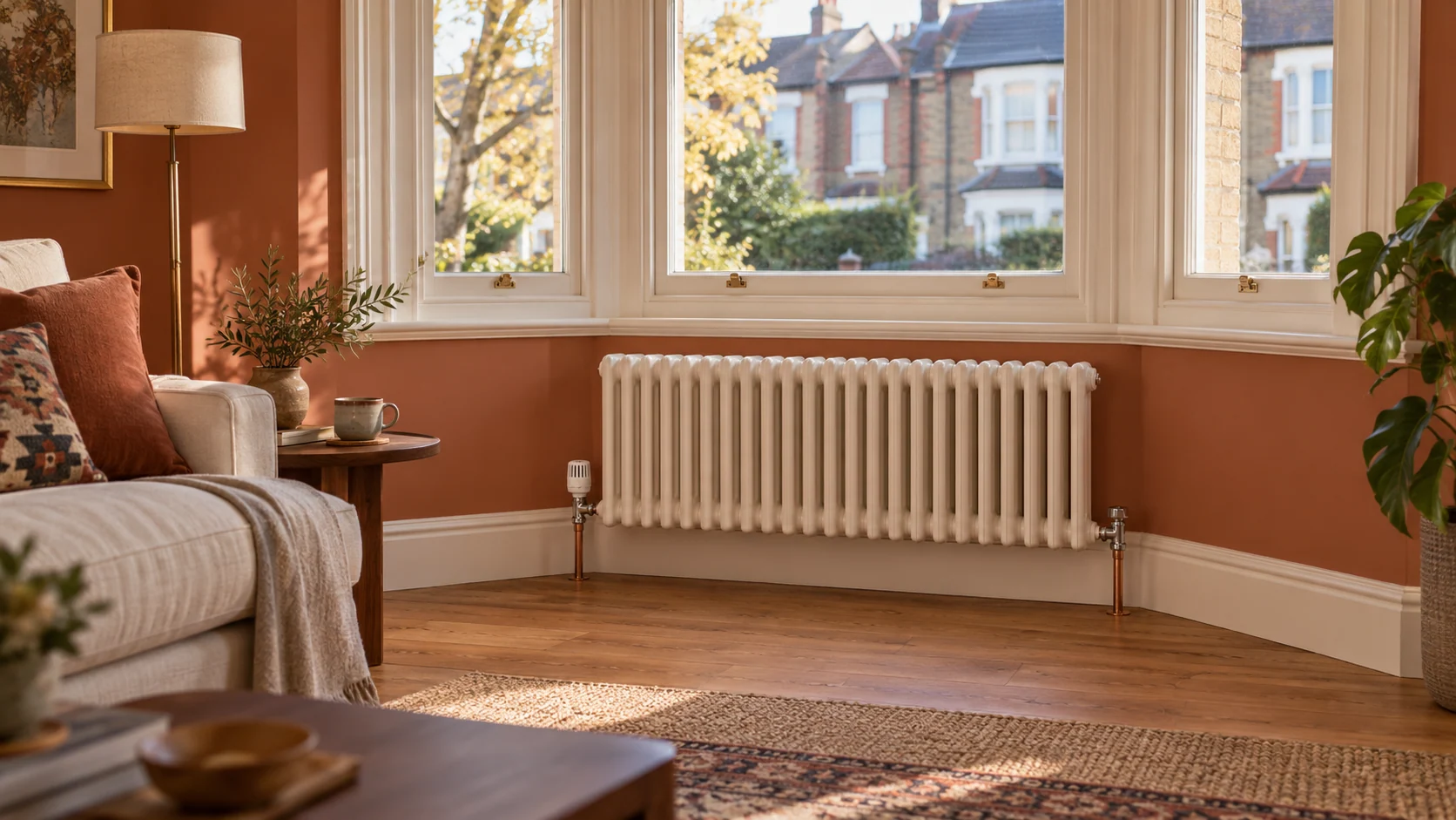 Terracotta and cream sitting room with a white radiator beneath a bay window.